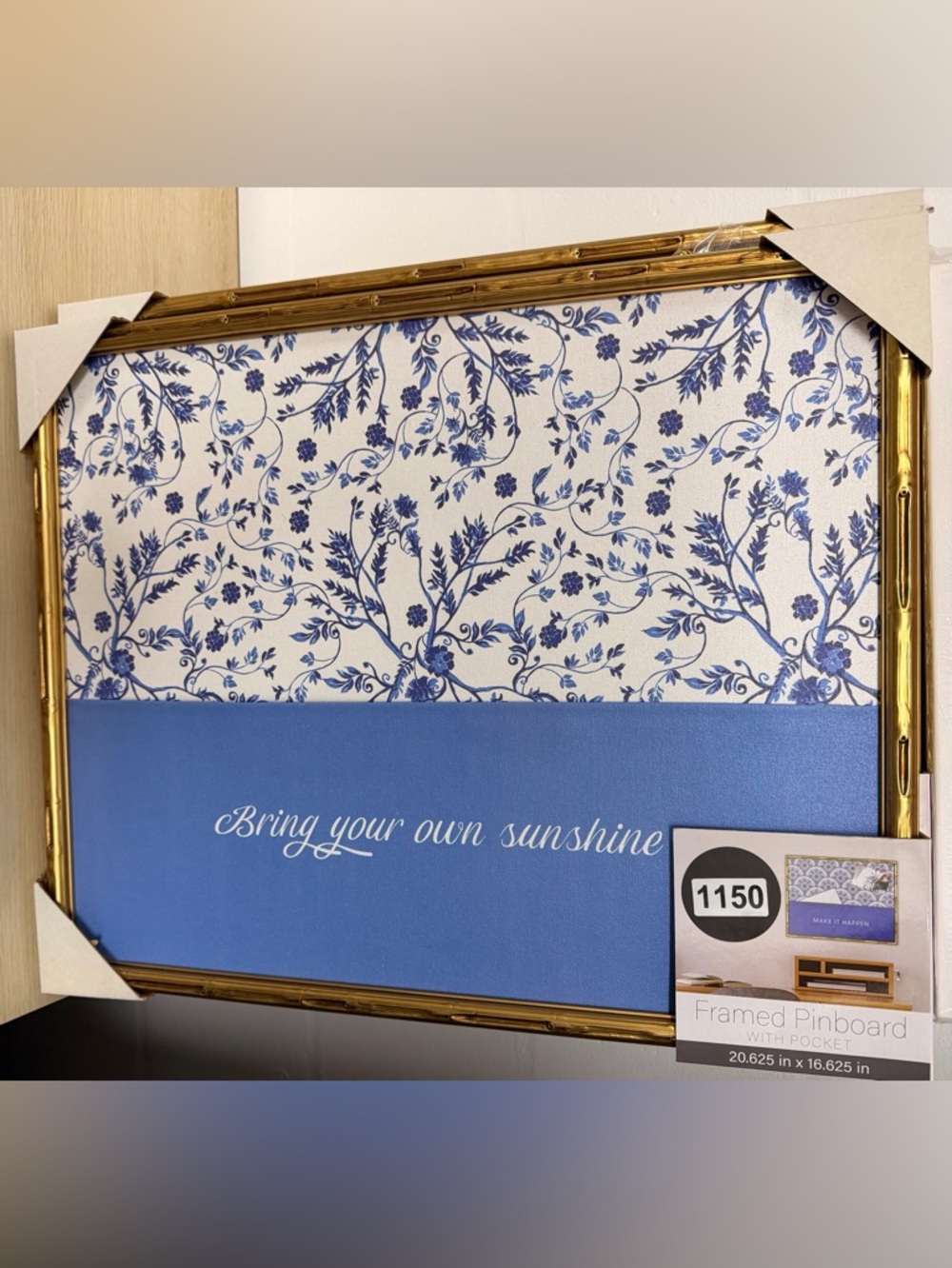 Framed Pinboad Blue Floral Wall Art - "Bring Your Own Sunshine"